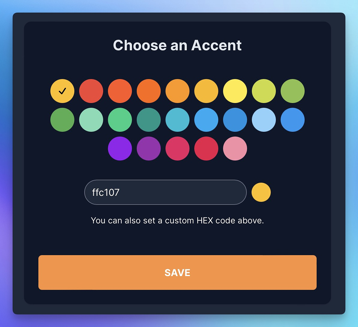 An accent picker with predefined, coloured, circles/buttons allowing you to set it. Or choose a custom one using the input.