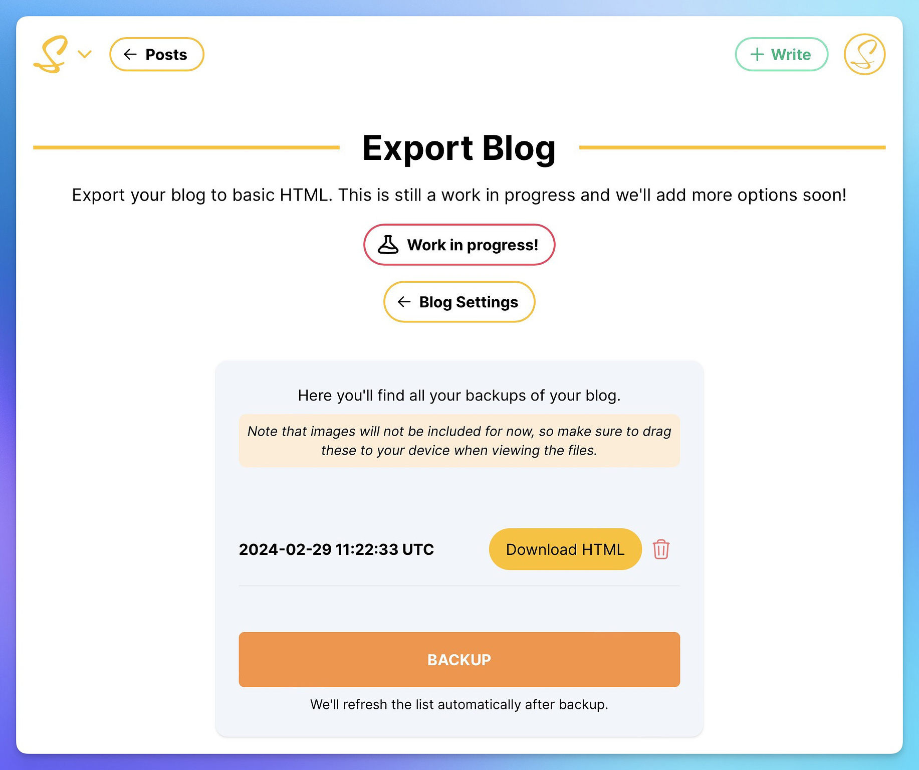 Export Blog Overview Page showing a list of your
latest backups.