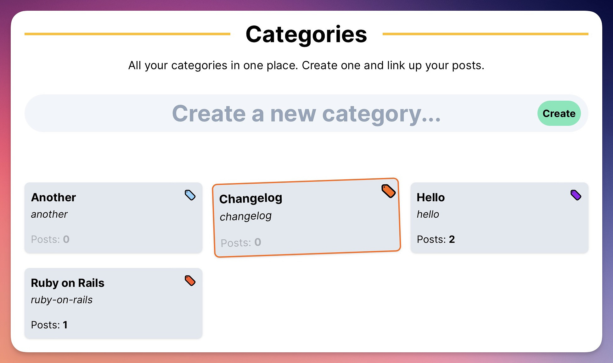 Categories shown alphabetically, with the just created one highlighted. Also includes post counts if you've added posts to the category.