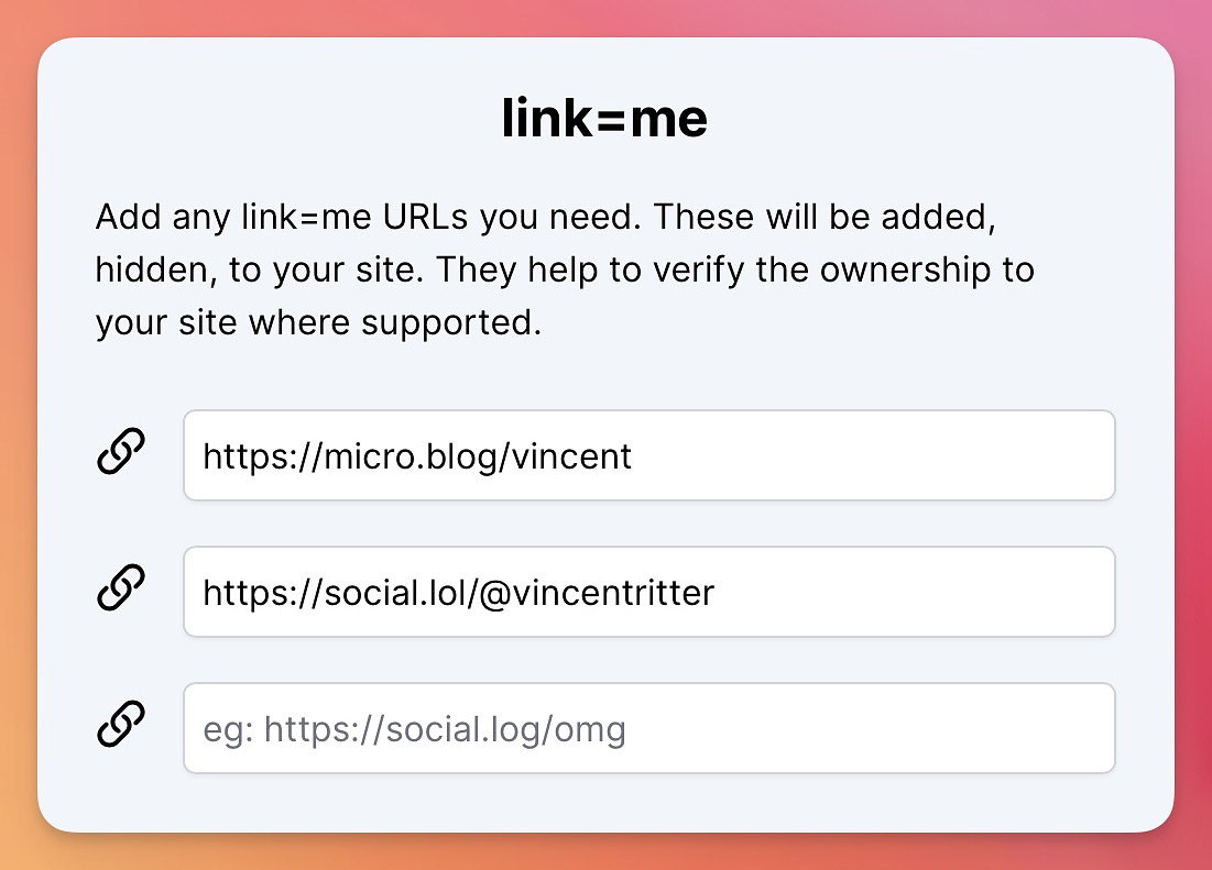 The link=me section in Verification & Proofs. Showing 2 links in inputs and one empty one, allowing you to add another one.