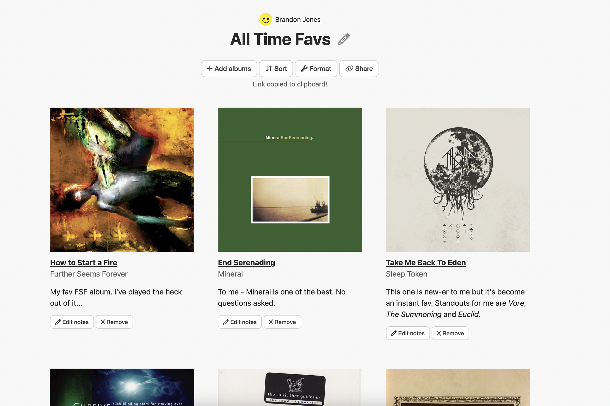 Screenshot of my All Time Fav list on Album Whale. It's 3 albums in a row with 3 underneath as well, partially in view.
