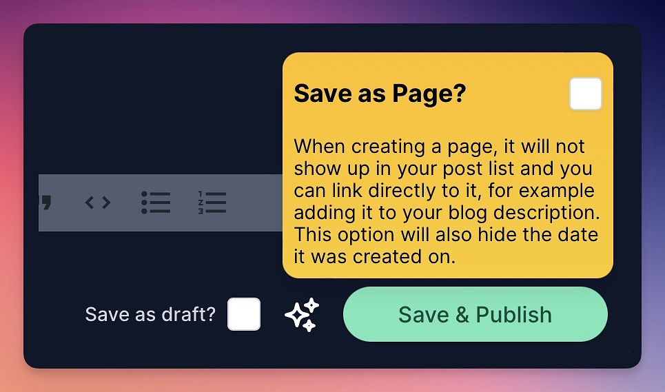 A "Save as Page?" option showing above the stars/sparkles button next to the "Save & Publish" button.