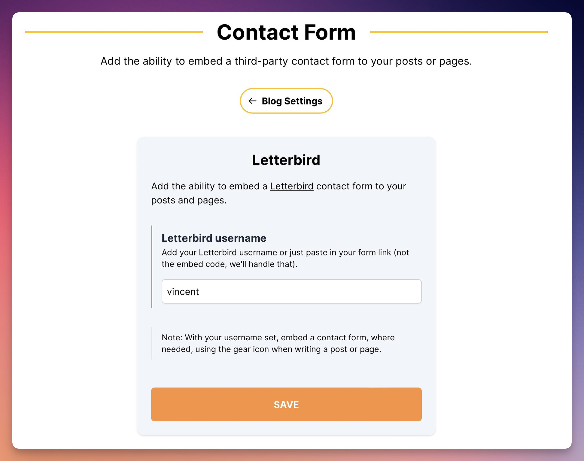 Contact Form settings page allowing you to add your letterbird username.