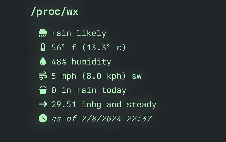 Weather details in a glowing green terminal font