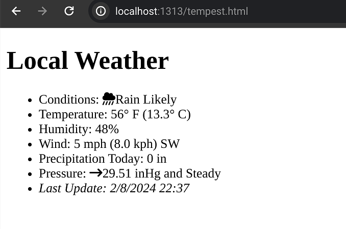 A plain, unstyled web page for testing the weather display
