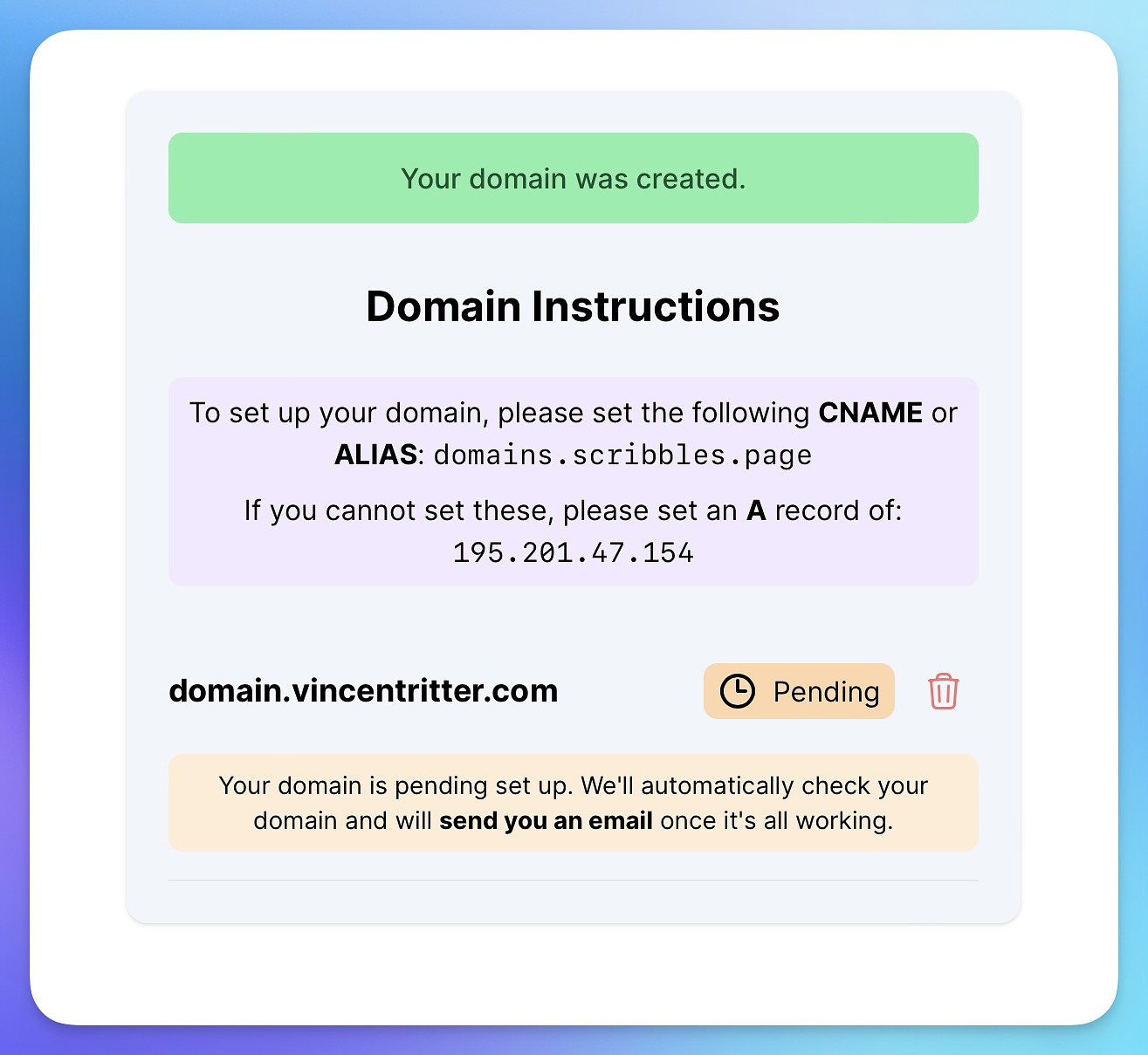A pending domain name, waiting for your details/DNS to take effect.